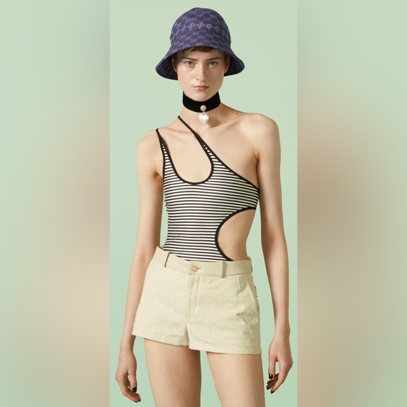 Striped silver shimmer and white Gucci Swimsuit one piece bikini - Picture 11 of 15